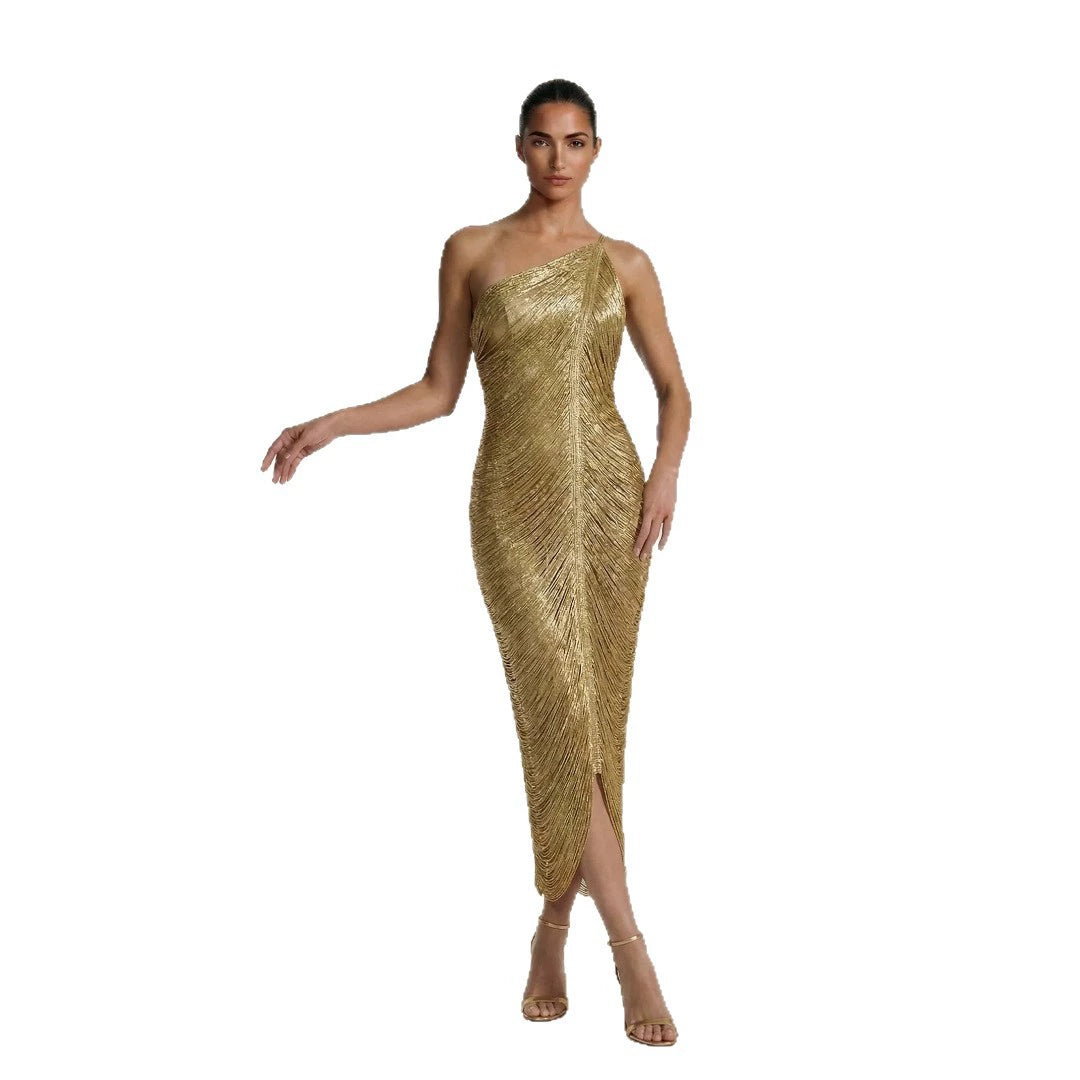 One Shoulder Metallic Fringe Bandage Maxi Dress Women’s Slim Ruched Evening Gown