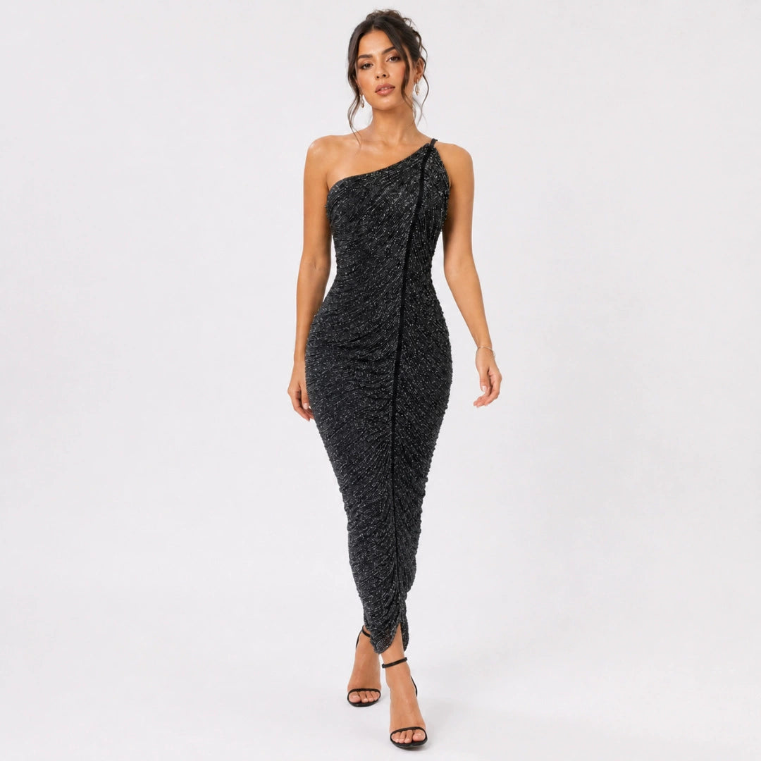 One Shoulder Metallic Fringe Bandage Maxi Dress Women’s Slim Ruched Evening Gown