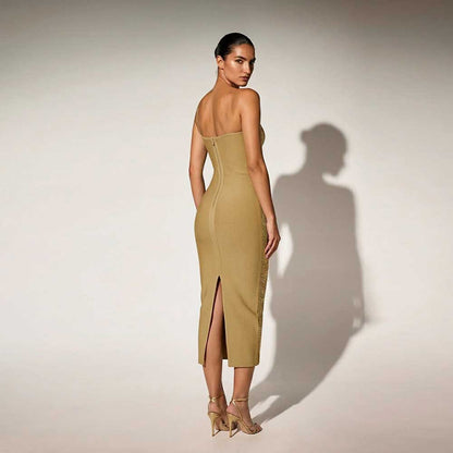 One Shoulder Metallic Fringe Bandage Maxi Dress Women’s Slim Ruched Evening Gown