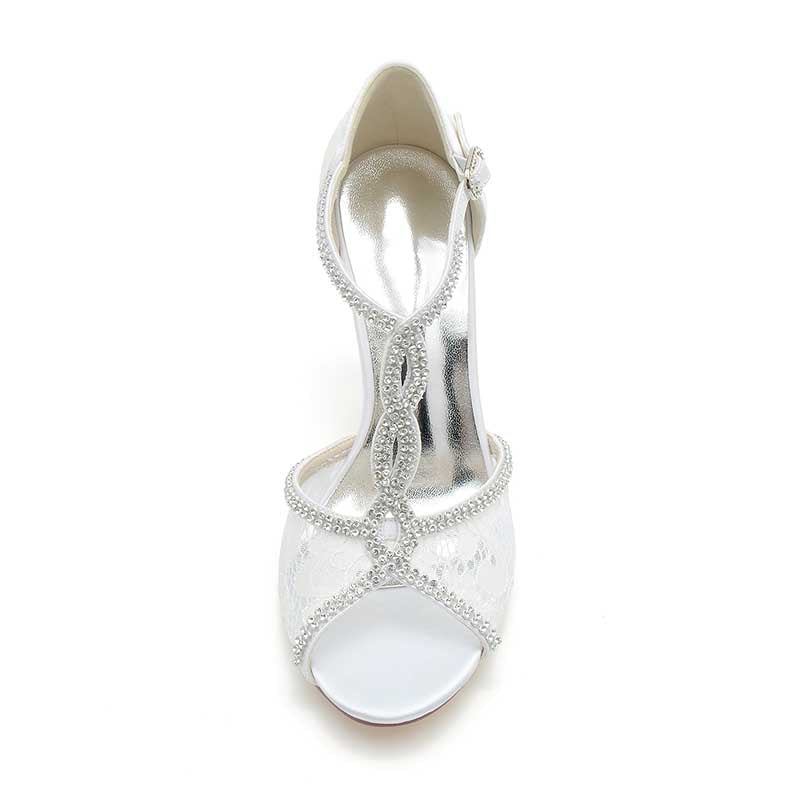 Open Toe Wedding Shoes Lace Bridal Heels Crisscross T-Strap Pumps