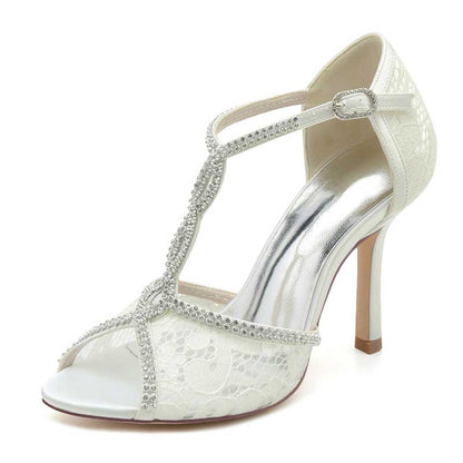 Open Toe Wedding Shoes Lace Bridal Heels Crisscross T-Strap Pumps