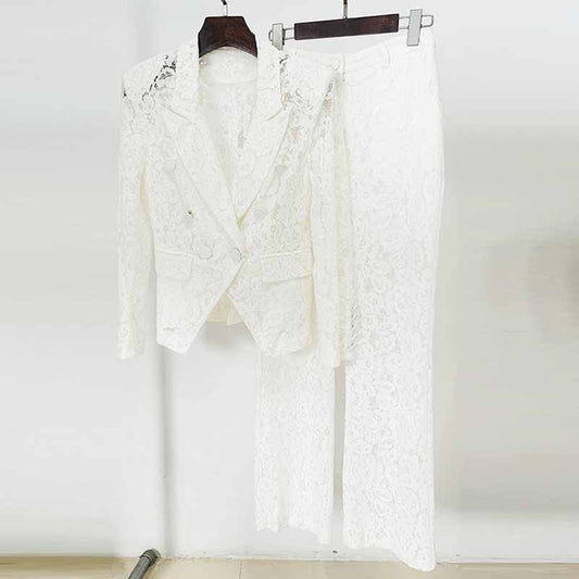 Women's White Lace Blazer Pantsuit Two Pieces Wedding Suit Formal Pantsuit