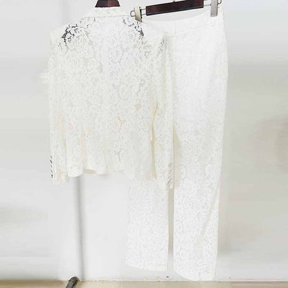 Women's White Lace Blazer Pantsuit Two Pieces Wedding Suit Formal Pantsuit