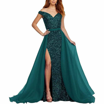 Off Shoulder Sequin Prom Dresses Glitter Formal Ball Gown with Slit Mermaid Sparkly Evening Party Dress