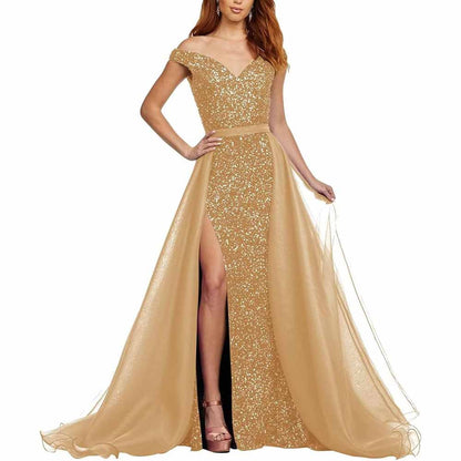 Off Shoulder Sequin Prom Dresses Glitter Formal Ball Gown with Slit Mermaid Sparkly Evening Party Dress