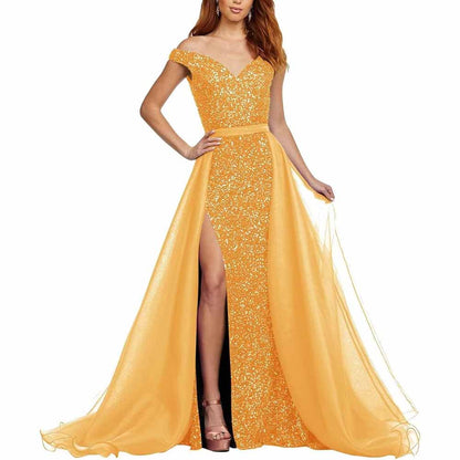 Off Shoulder Sequin Prom Dresses Glitter Formal Ball Gown with Slit Mermaid Sparkly Evening Party Dress