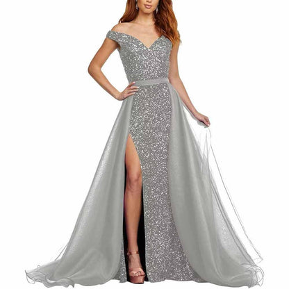 Off Shoulder Sequin Prom Dresses Glitter Formal Ball Gown with Slit Mermaid Sparkly Evening Party Dress