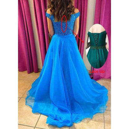 Off Shoulder Sequin Prom Dresses Glitter Formal Ball Gown with Slit Mermaid Sparkly Evening Party Dress