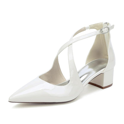 Stylish chunky heel crossing strap wedding shoes in glossy white perfect for bridal occasions