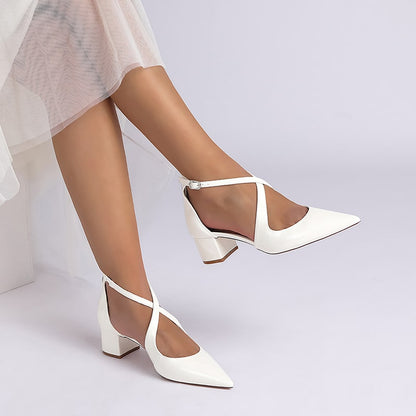 Elegant white chunky heel crossing strap wedding shoes with pointed toes and ankle straps