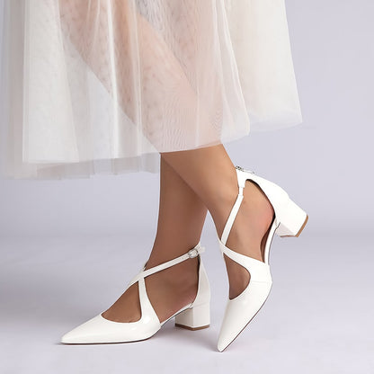 Elegant chunky heel crossing strap wedding shoes in white, perfect for bridal footwear