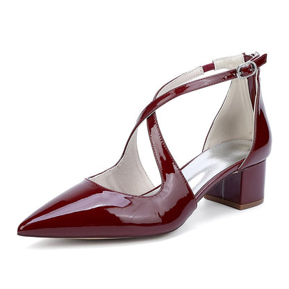 Elegant burgundy shiny chunky heel crossing strap wedding shoes for stylish bridal looks