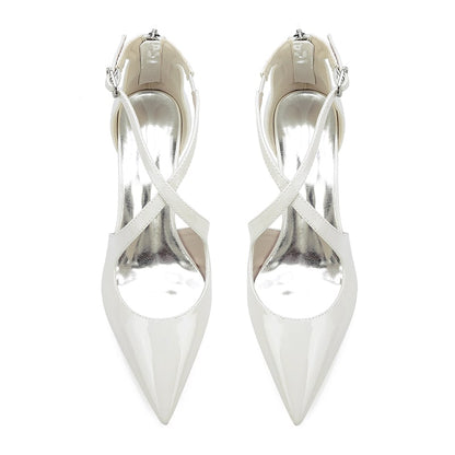 Elegant chunky heel crossing strap wedding shoes in white with a sleek pointed toe design
