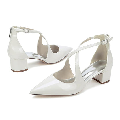 Elegant white chunky heel crossing strap wedding shoes with a pointed toe design