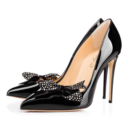 Patent Leather Pointed Toe Pumps Rhinestone Bow Wedding Heels