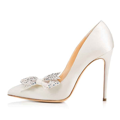 Patent Leather Pointed Toe Pumps Rhinestone Bow Wedding Heels