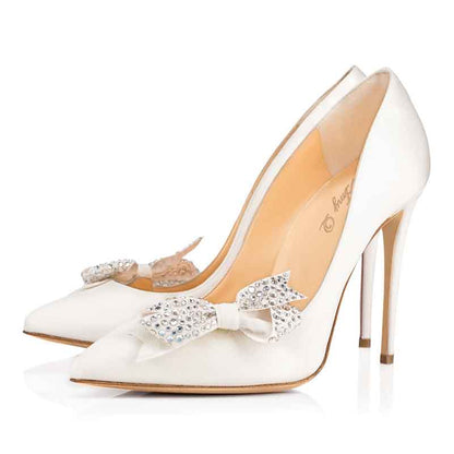 Patent Leather Pointed Toe Pumps Rhinestone Bow Wedding Heels