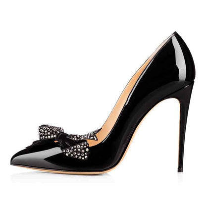 Patent Leather Pointed Toe Pumps Rhinestone Bow Wedding Heels