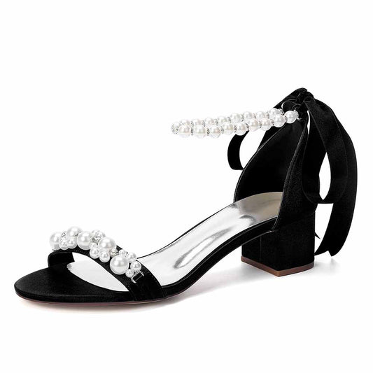 Women's Pearl Ankle Strap Block Heel Bridal Wedding Sandals