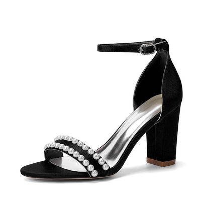 Women's Pearl Embellished Chunky Heel Ankle Strap Peep - Toe Satin Sandals – Ideal for Wedding, Bridal, Prom & Formal Occasions