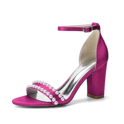 Women's Pearl Embellished Chunky Heel Ankle Strap Peep - Toe Satin Sandals – Ideal for Wedding, Bridal, Prom & Formal Occasions