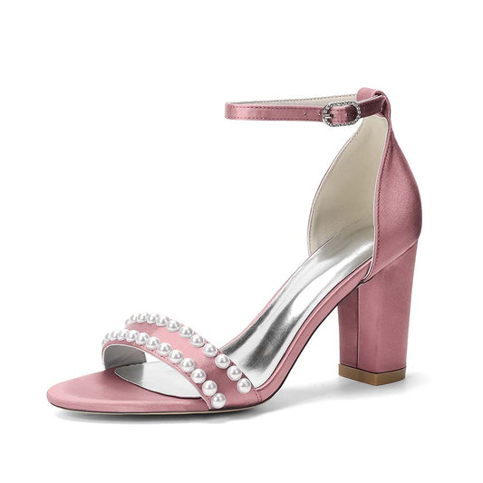 Women's Pearl Embellished Chunky Heel Ankle Strap Peep - Toe Satin Sandals – Ideal for Wedding, Bridal, Prom & Formal Occasions