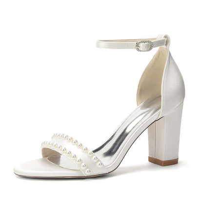 Women's Pearl Embellished Chunky Heel Ankle Strap Peep - Toe Satin Sandals – Ideal for Wedding, Bridal, Prom & Formal Occasions