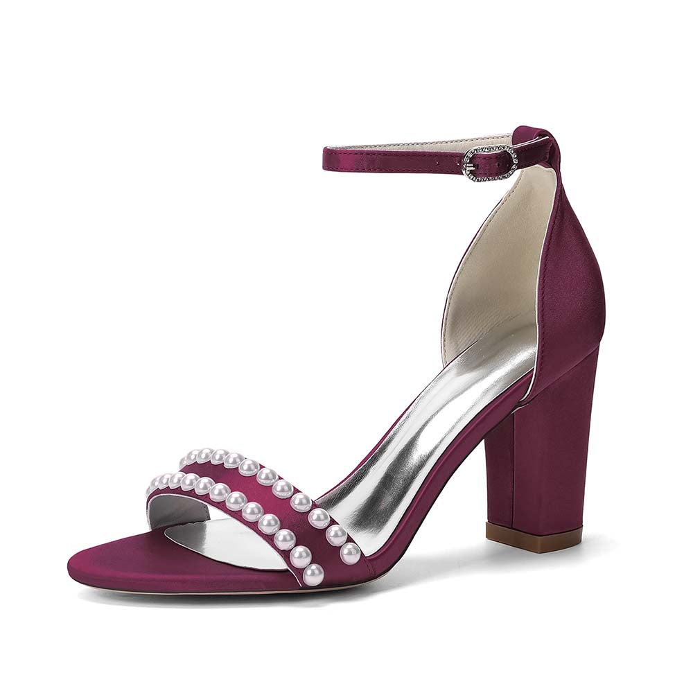 Women's Pearl Embellished Chunky Heel Ankle Strap Peep - Toe Satin Sandals – Ideal for Wedding, Bridal, Prom & Formal Occasions