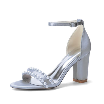 Women's Pearl Embellished Chunky Heel Ankle Strap Peep - Toe Satin Sandals – Ideal for Wedding, Bridal, Prom & Formal Occasions