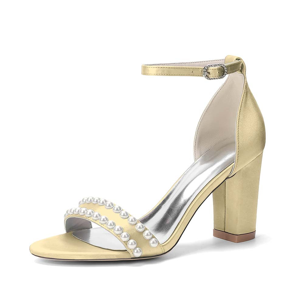 Women's Pearl Embellished Chunky Heel Ankle Strap Peep - Toe Satin Sandals – Ideal for Wedding, Bridal, Prom & Formal Occasions