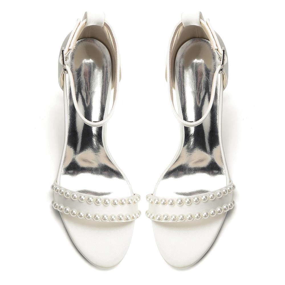 Women's Pearl Embellished Chunky Heel Ankle Strap Peep - Toe Satin Sandals – Ideal for Wedding, Bridal, Prom & Formal Occasions