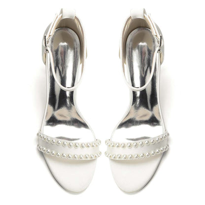 Women's Pearl Embellished Chunky Heel Ankle Strap Peep - Toe Satin Sandals – Ideal for Wedding, Bridal, Prom & Formal Occasions