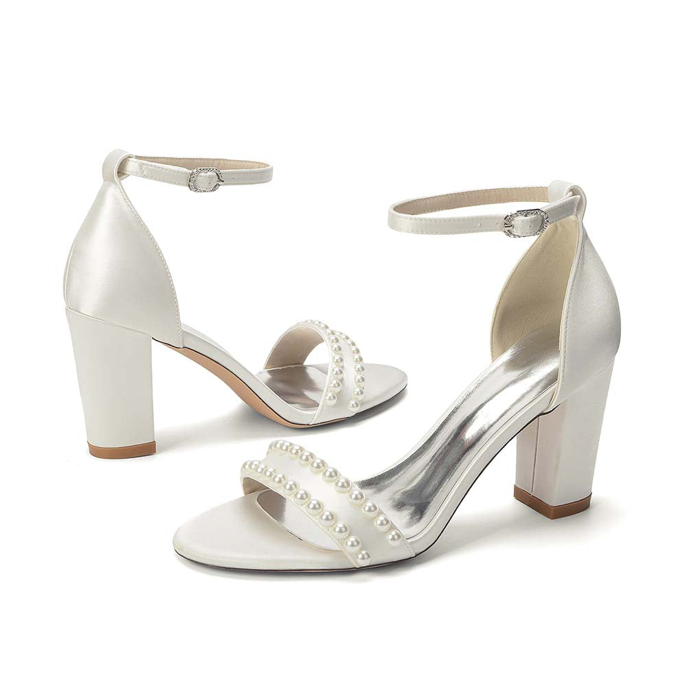 Women's Pearl Embellished Chunky Heel Ankle Strap Peep - Toe Satin Sandals – Ideal for Wedding, Bridal, Prom & Formal Occasions