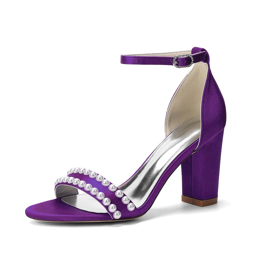 Women's Pearl Embellished Chunky Heel Ankle Strap Peep - Toe Satin Sandals – Ideal for Wedding, Bridal, Prom & Formal Occasions