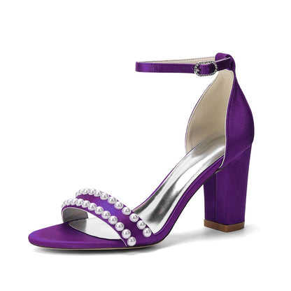Women's Pearl Embellished Chunky Heel Ankle Strap Peep - Toe Satin Sandals – Ideal for Wedding, Bridal, Prom & Formal Occasions