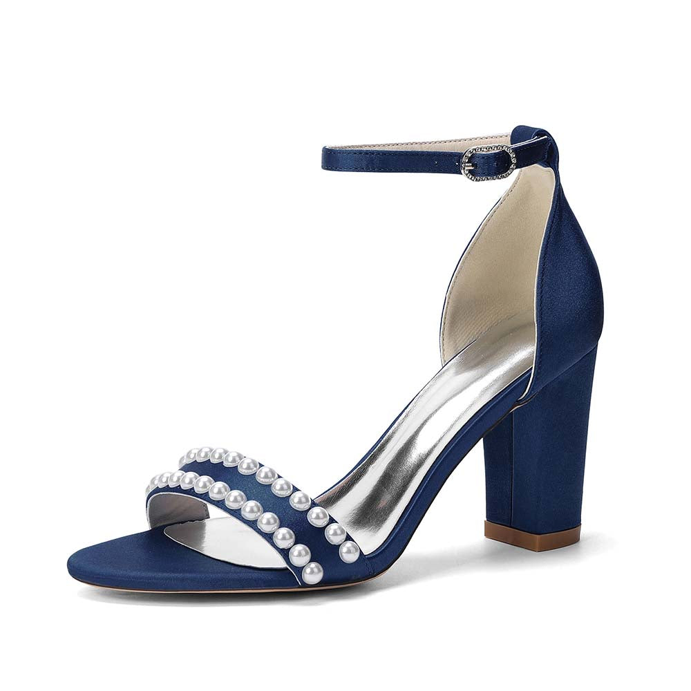 Women's Pearl Embellished Chunky Heel Ankle Strap Peep - Toe Satin Sandals – Ideal for Wedding, Bridal, Prom & Formal Occasions