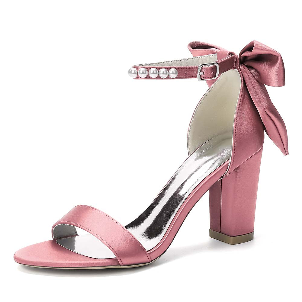 White Pearl Embellished Peep Toe Chunky Heel Sandals