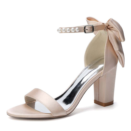White Pearl Embellished Peep Toe Chunky Heel Sandals