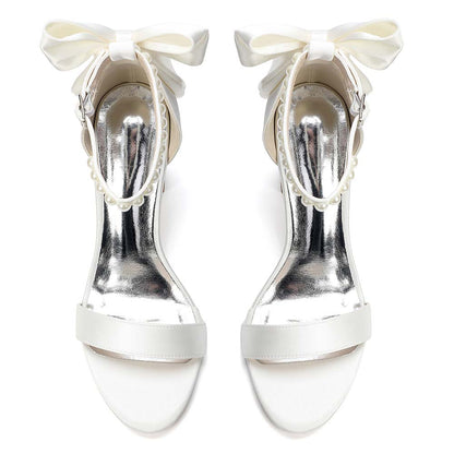 White Pearl Embellished Peep Toe Chunky Heel Sandals
