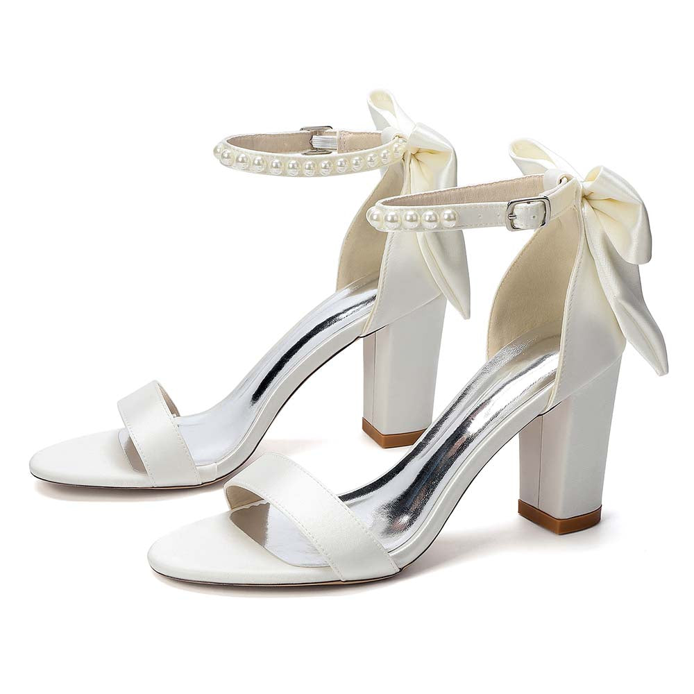 White Pearl Embellished Peep Toe Chunky Heel Sandals