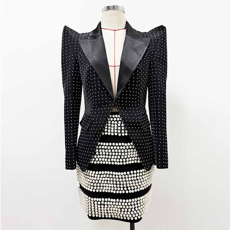 Women's Black Blazer Pearled Skirt 2 Two Piece Set Party Outfit Runway Suit