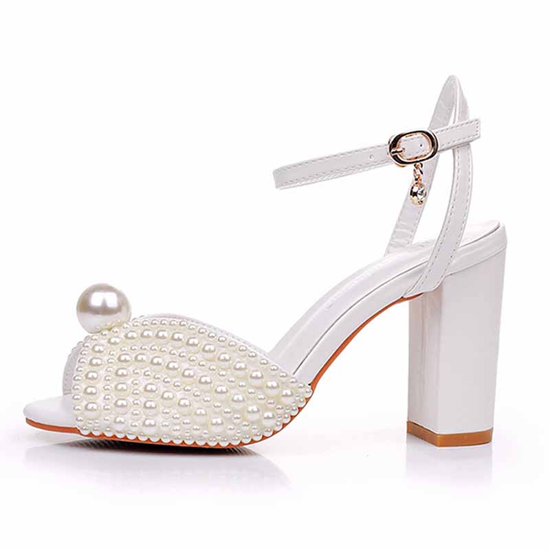 3.74" Pearls Bride Shoes Ankle Strap Chunky Heels Wedding Sandals