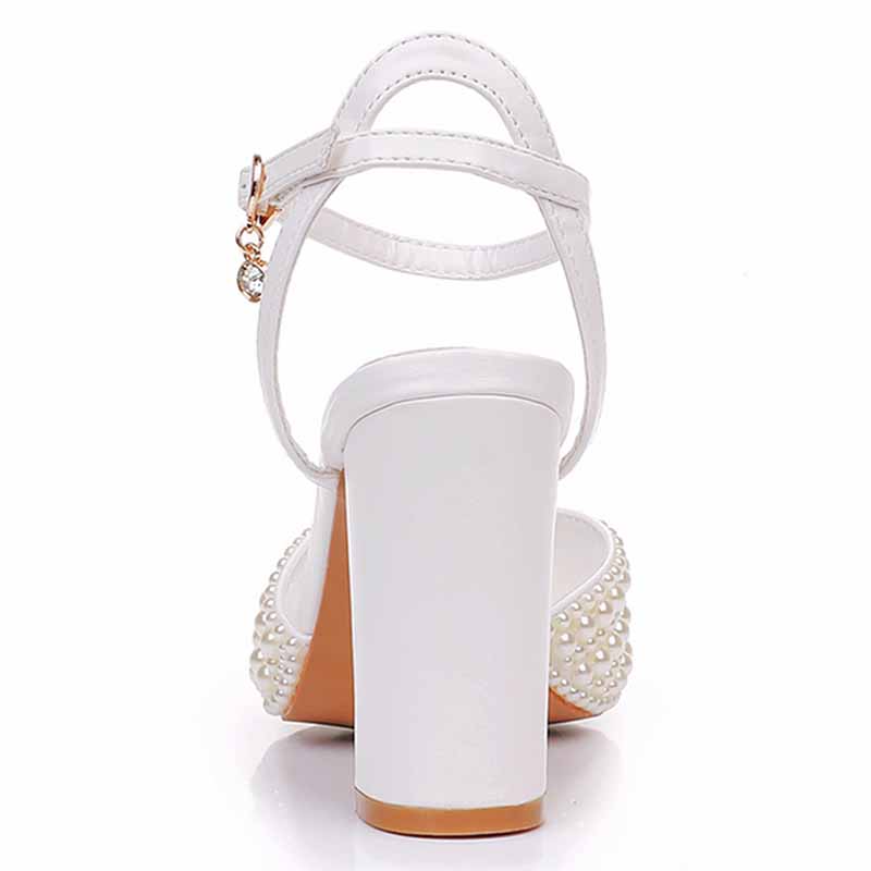 3.74" Pearls Bride Shoes Ankle Strap Chunky Heels Wedding Sandals