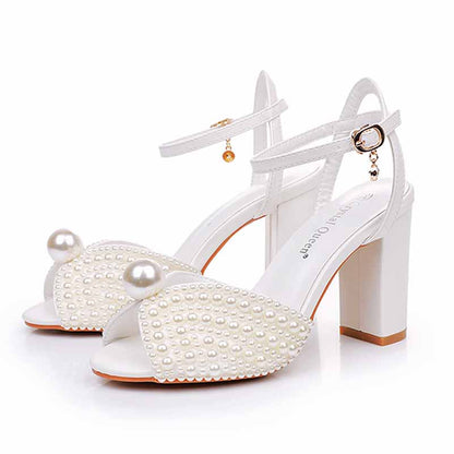 3.74" Pearls Bride Shoes Ankle Strap Chunky Heels Wedding Sandals