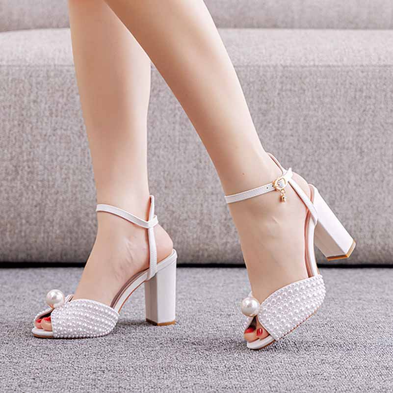 3.74" Pearls Bride Shoes Ankle Strap Chunky Heels Wedding Sandals