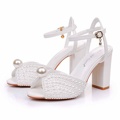 3.74" Pearls Bride Shoes Ankle Strap Chunky Heels Wedding Sandals