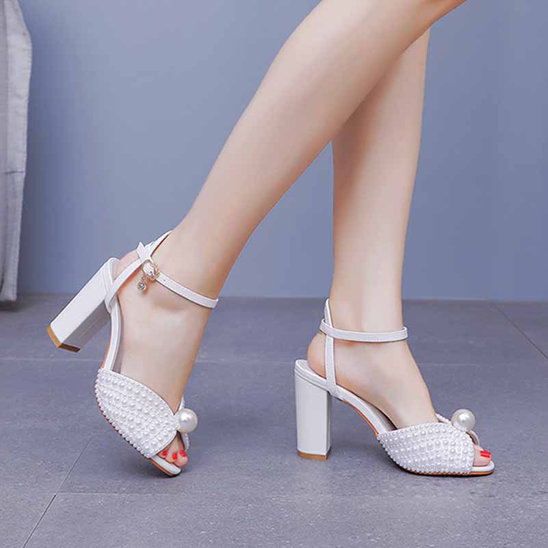 3.74" Pearls Bride Shoes Ankle Strap Chunky Heels Wedding Sandals