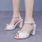 3.74" Pearls Bride Shoes Ankle Strap Chunky Heels Wedding Sandals