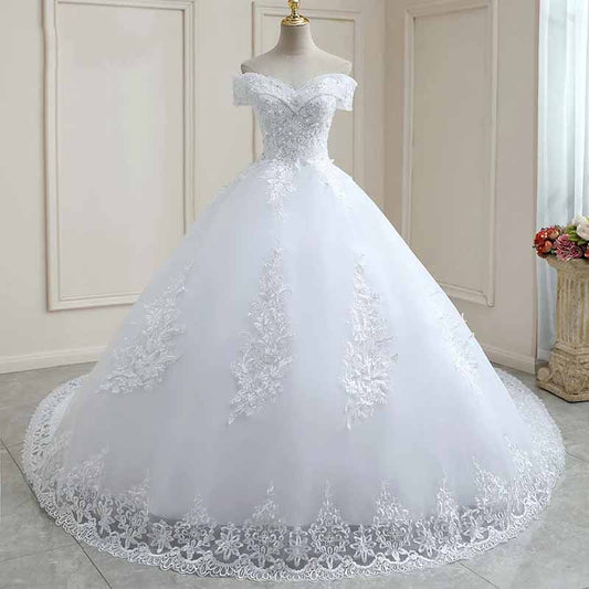 Pearls Lace Wedding Dresses A line Tulle Off The Shoulder Bridel Gowns