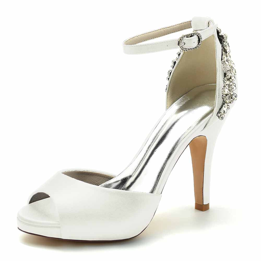 Peep-Toe Wedding Shoes Satin Prom Heels Ankle Strap Pumps With Crystal Detail